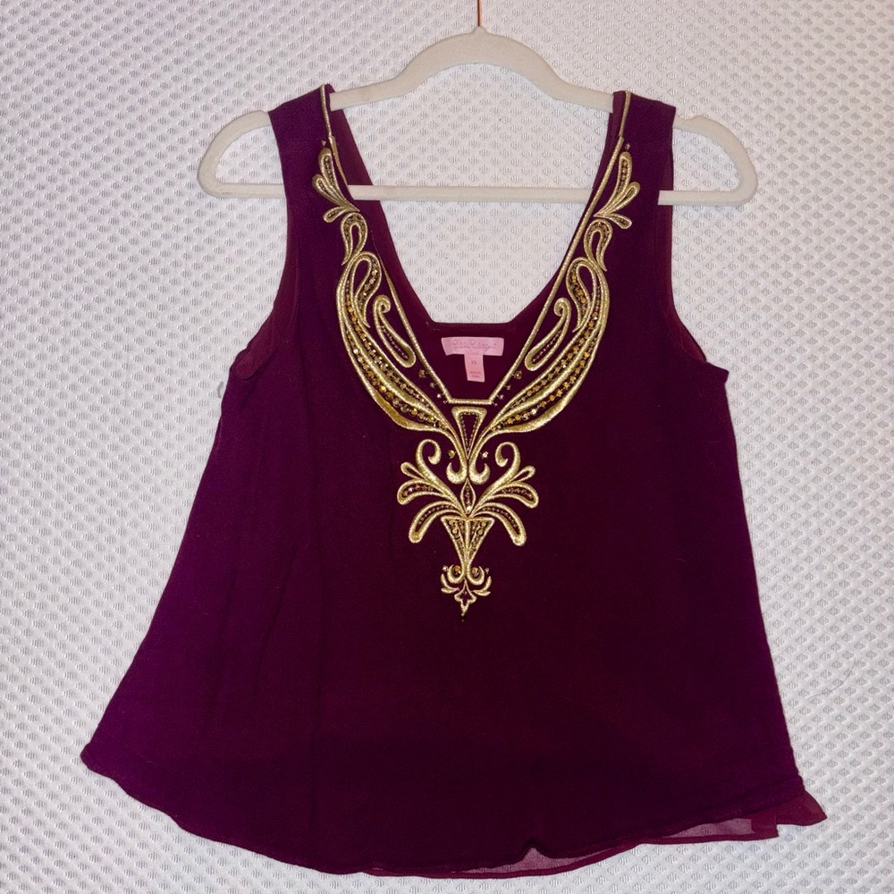 Lilly Pulitzer XS wine colored sleeveless top with gold detail